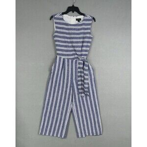 Tahari Jumpsuit Womens 6 Blue White Striped Linen Coastal Resort Vacation Preppy